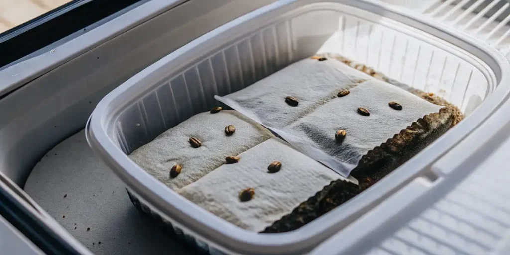 Graines de cannabis sur papier absorbant humide dans un bac de germination.