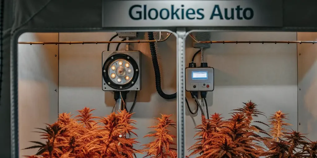 Glookies Auto cannabis plants under orange LED grow lights in a controlled chamber.