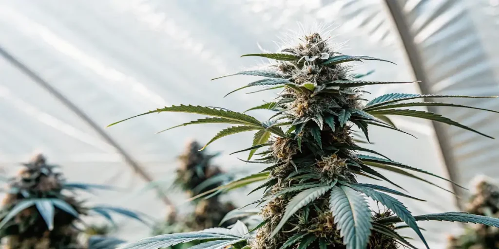 close-up of a flowering cannabis plant inside a greenhouse with natural light