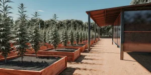 Outdoor cannabis garden featuring raised planters and neatly aligned tall marijuana plants in sunlight.