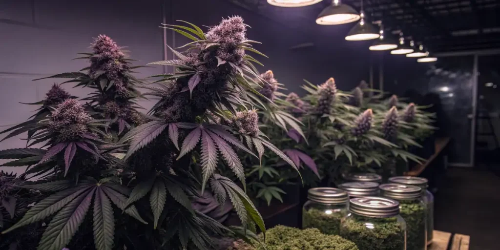 Plants de Blackberry Moonrocks en floraison avec des têtes violettes, accompagnés de bocaux de fleurs récoltées dans une salle de culture intérieure.