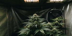 Indoor cannabis blooming stage under grow lights in a reflective grow tent.