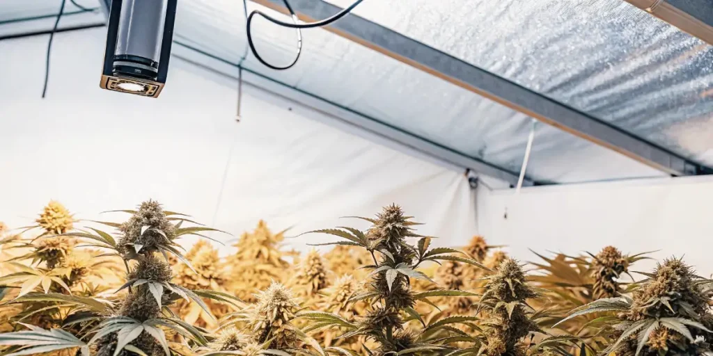 indoor cannabis buds under grow lights during flowering stage