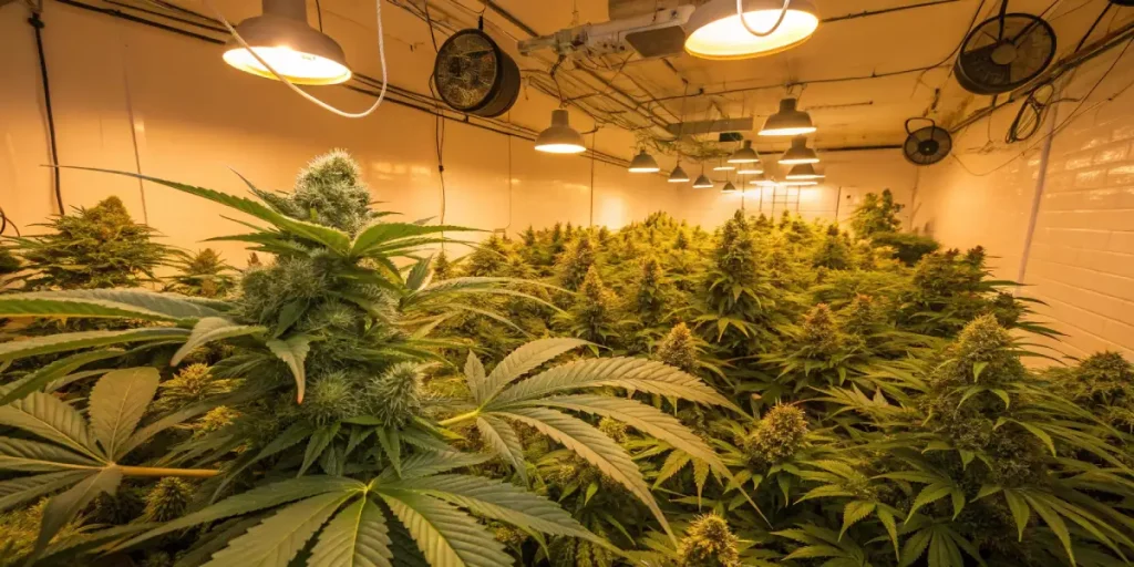 indoor cannabis grow room filled with flowering marijuana plants under artificial lights