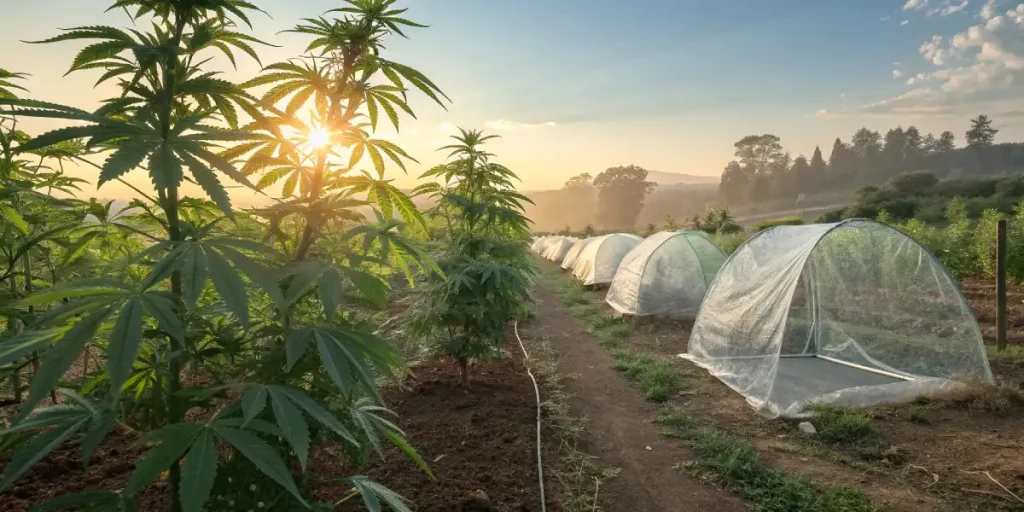 Champ de cannabis en extérieur avec des plantes hautes en pleine floraison sous le soleil.