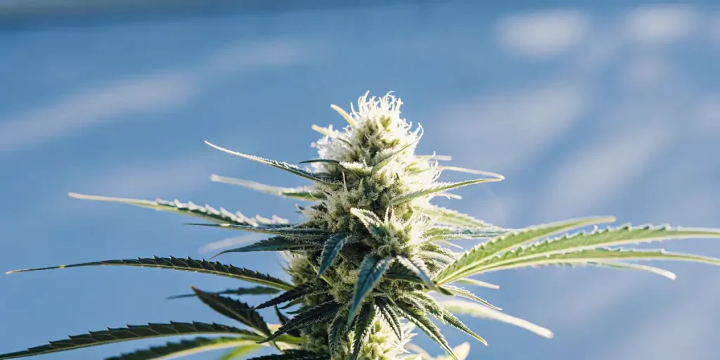 Indoor cannabis growing tent with green plants under LED lights and ventilation fans.