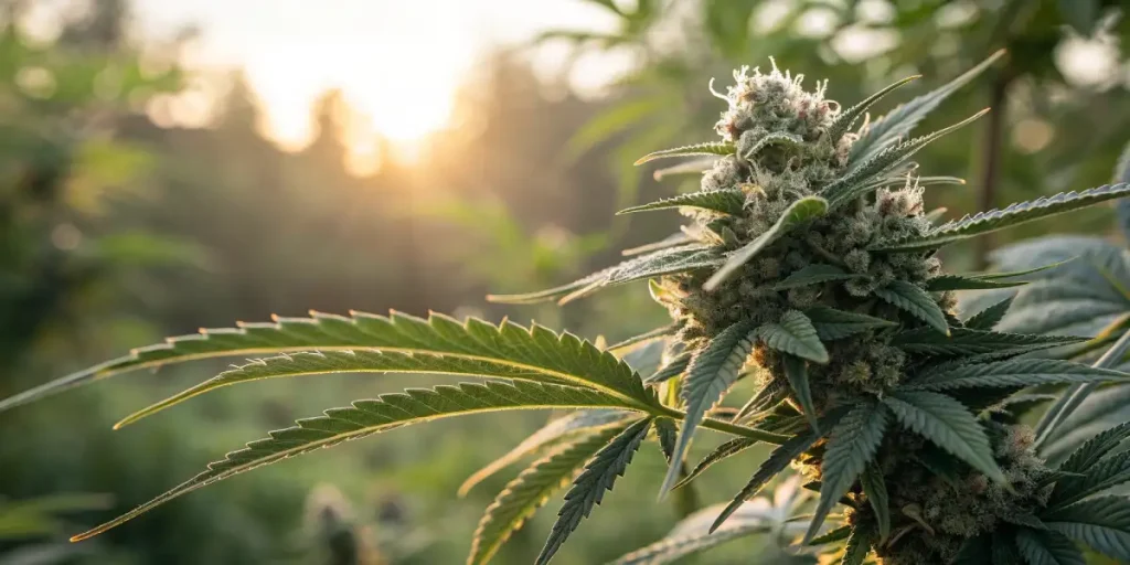Cannabis plant with reddish leaves growing under bright white LED lights in a grow tent.