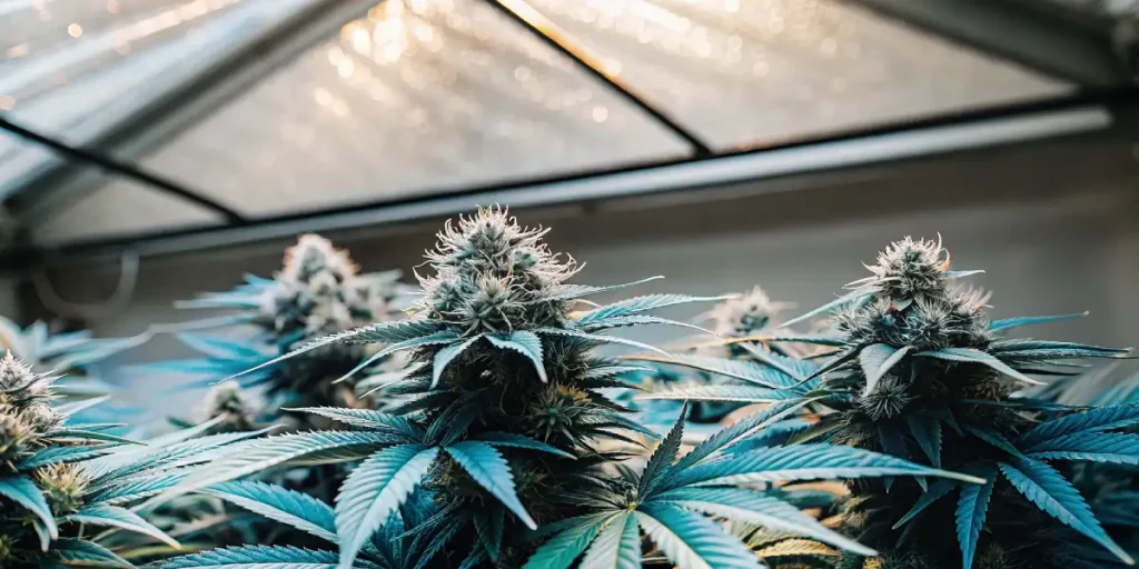 frosty blue cannabis plant under greenhouse roof lighting
