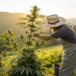 Jardinier en chapeau taillant un grand plant de cannabis sous la lumière du coucher de soleil.