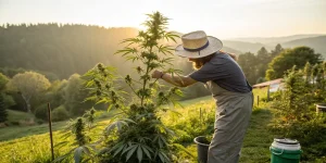 Jardinier en chapeau taillant un grand plant de cannabis sous la lumière du coucher de soleil.
