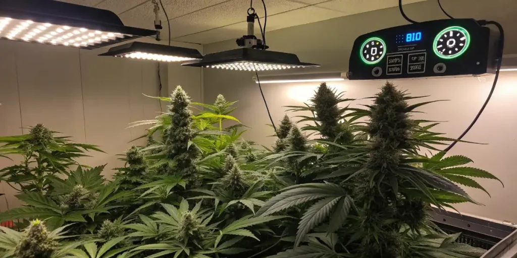 Cannabis flowering room illuminated by LED grow lights and digital climate control system.