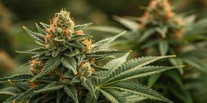 Close-up of a flowering cannabis bud with vivid orange hairs and frosty trichomes