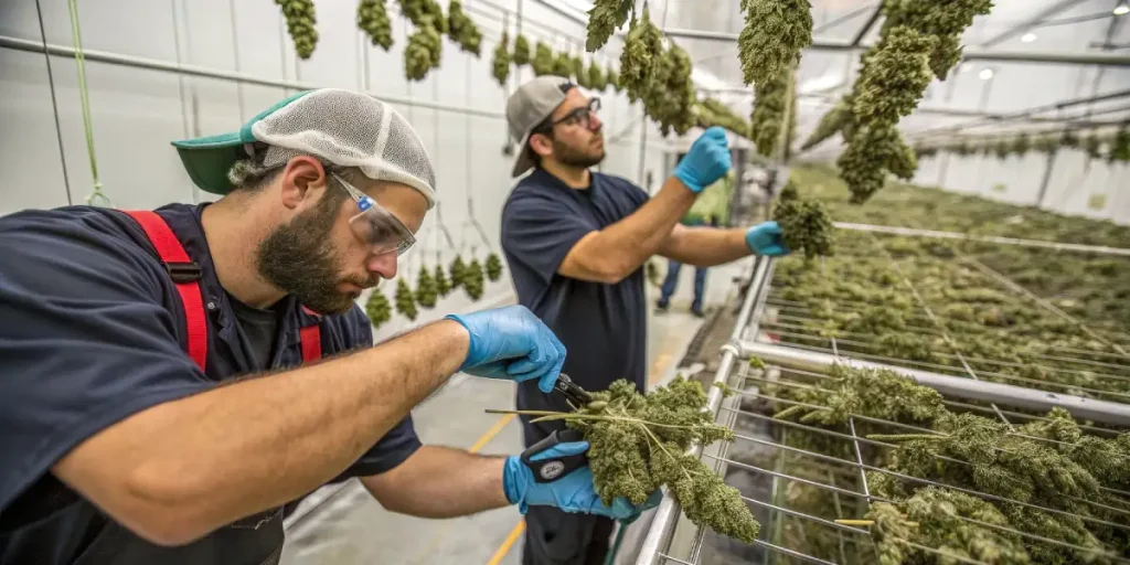 Workers trimming cannabis buds manually in a drying room during harvest.