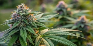 Close-up of mature cannabis bud covered in trichomes with vibrant orange pistils.