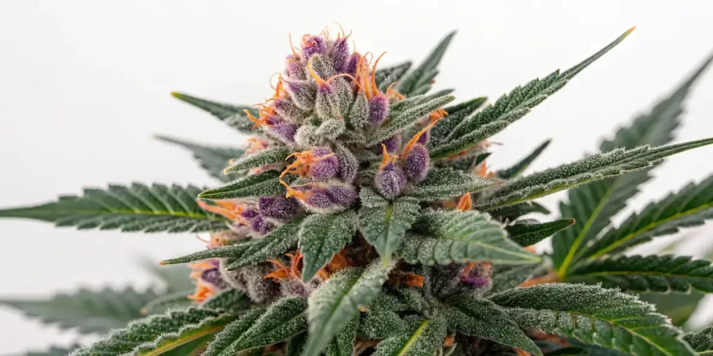 Tête de cannabis recouverte de trichomes avec des pistils orange vifs.