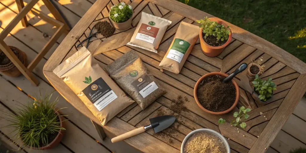 Assorted organic cannabis fertilizers and tools arranged on a wooden garden table.