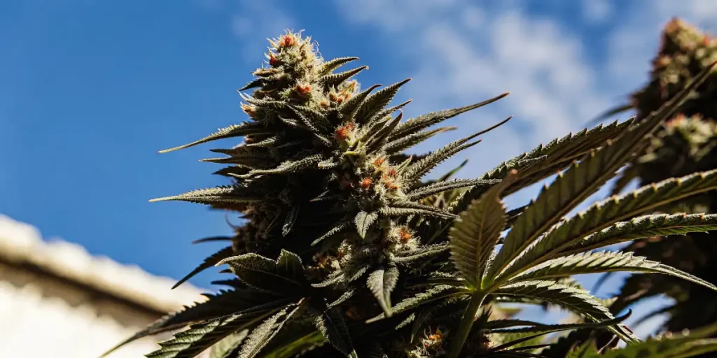 outdoor cannabis cola with trichomes against blue sky