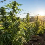 outdoor cannabis farm at sunrise with mature plants in rows under support wires