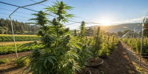 outdoor cannabis farm at sunrise with mature plants in rows under support wires