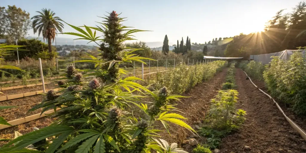 Outdoor cannabis plants thriving under the evening sun on a structured farm.