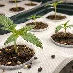 Plantes de cannabis cultivées sous des lampes LED puissantes dans une salle de culture intérieure propre.