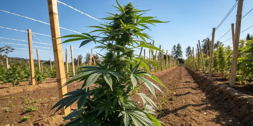 Outdoor cannabis plant growing tall in aligned rows supported by wooden stakes and trellis.