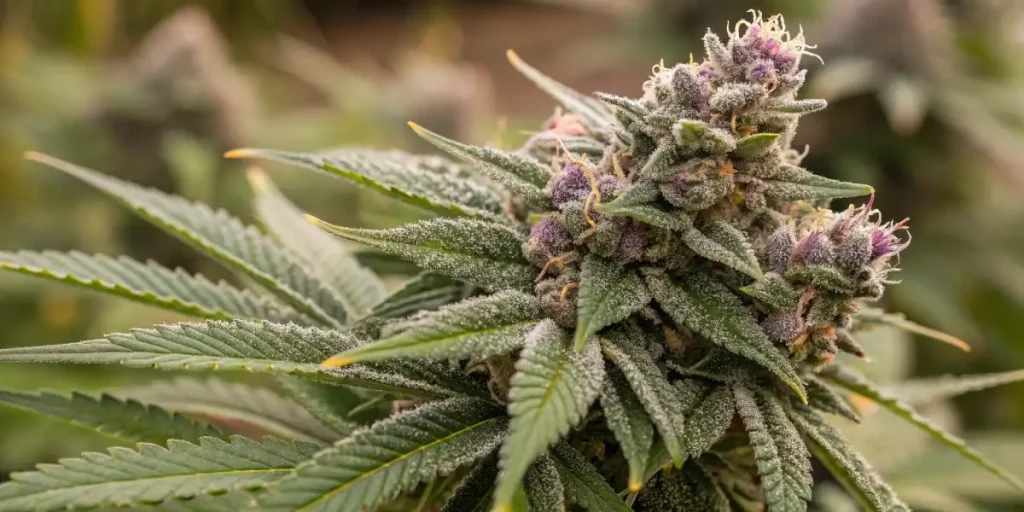 Frosty Slurricane cannabis bud with purple hues and orange pistils.