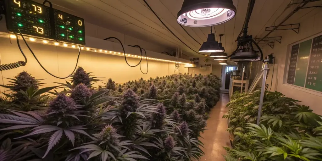 Salle de culture intérieure avec de nombreux plants de Blackberry Moonrocks en floraison, sous éclairage LED contrôlé.