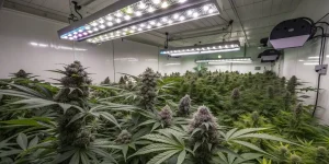 Indoor cannabis cultivation room illuminated by full-spectrum LED grow lights.