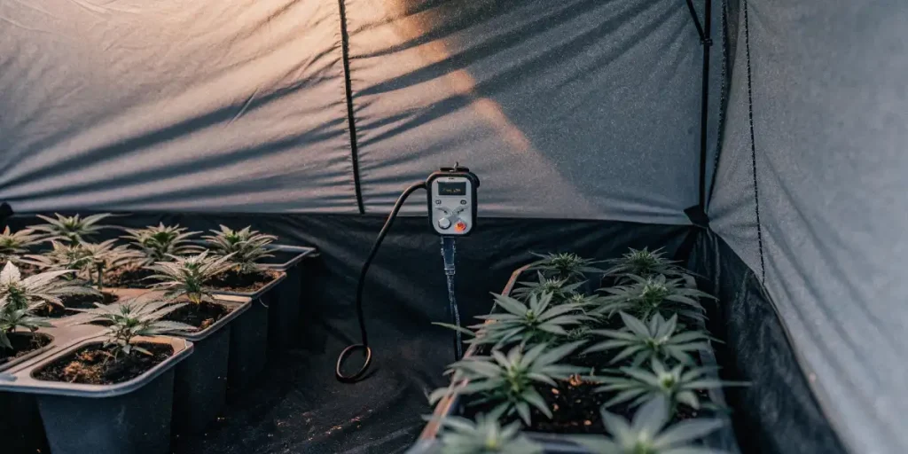 Plantes de cannabis jeunes dans des bacs avec capteur numérique de surveillance.
