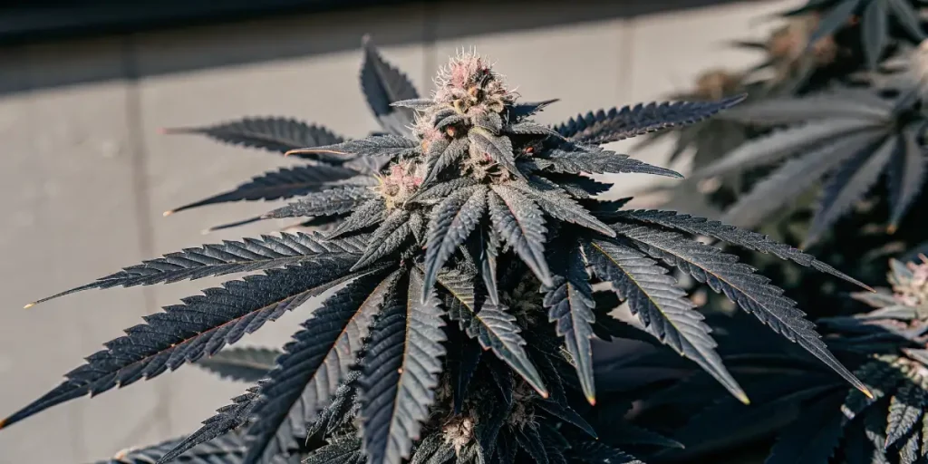 Grosse tête de cannabis mûre avec feuilles foncées et trichomes visibles.