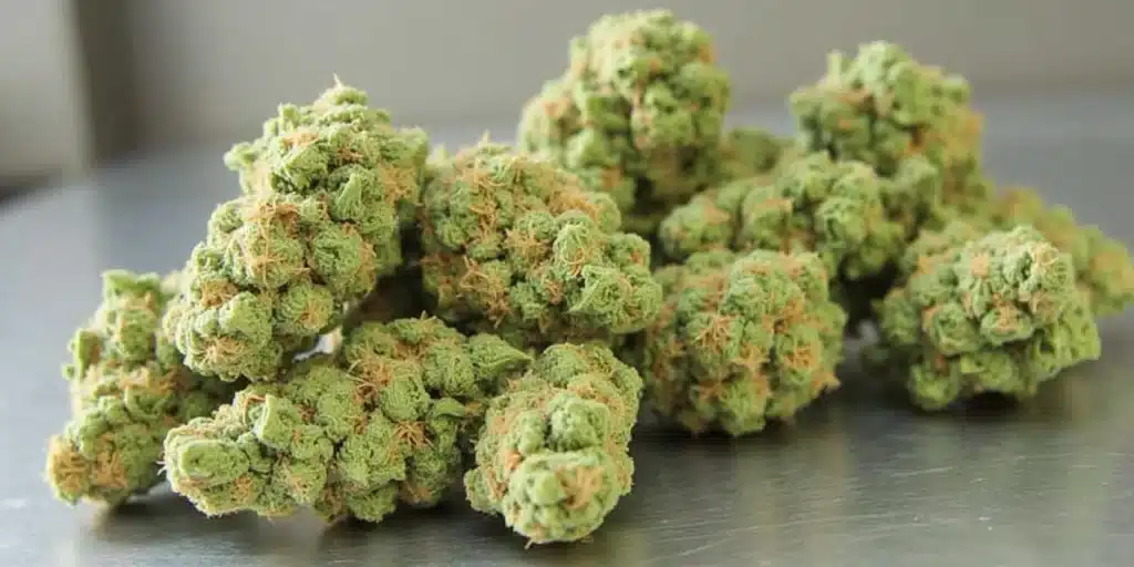 Têtes de cannabis séchées prêtes pour l'extraction de BHO sur une surface métallique.