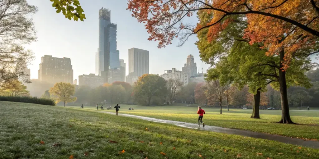 City park in autumn with colorful trees, joggers on path, and skyscrapers in background.