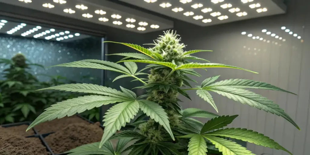 Gros plan sur une tête de Blackberry Moonrocks sous des lampes LED, montrant ses trichomes blancs et ses pistils orangés.