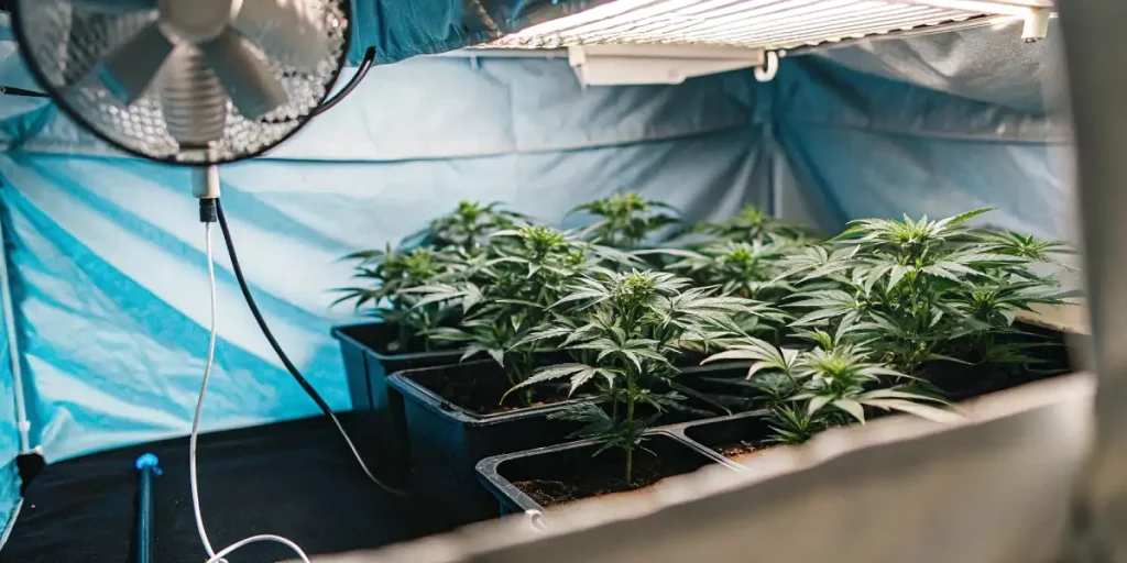 Young cannabis plants growing in black pots under artificial light in a grow tent.