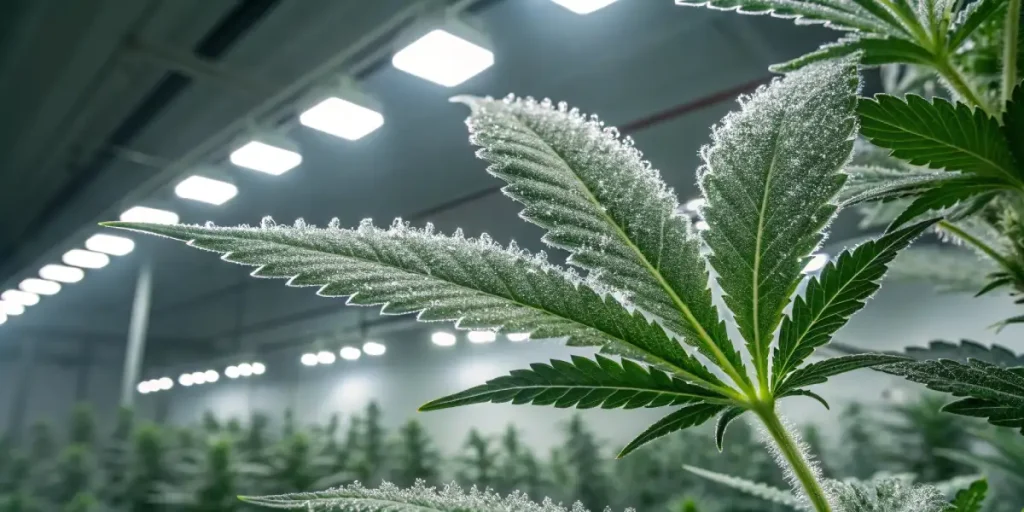 Small cannabis plants growing in pots under a blue grow tent with ventilation.