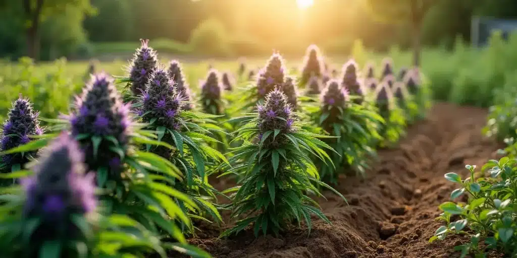 Champ extérieur de Gorilla Purple Auto en floraison avec têtes violettes au coucher du soleil.