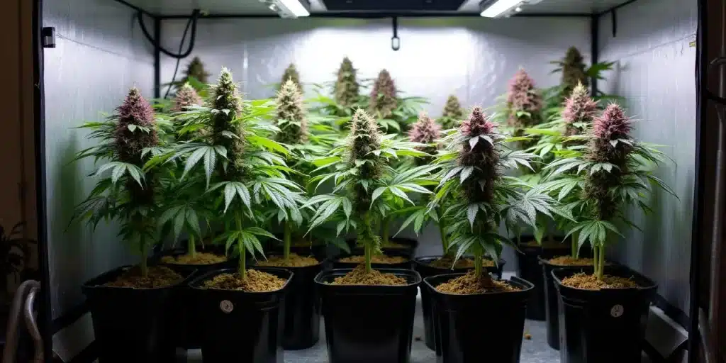 Gorilla Purple Auto en floraison dans une box intérieure avec fleurs pourpres abondantes.