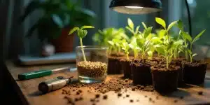Jeunes pousses de Gorilla Purple Auto sous lampe horticole à côté de graines en germination.