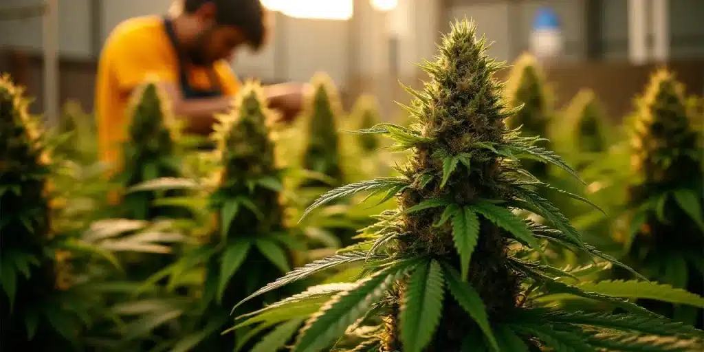 Détail d’un plant de Maui Waui avec un cultivateur en arrière-plan.