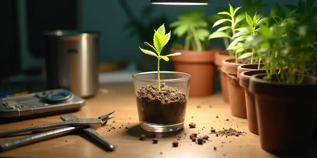 Plant de Gorilla Purple Auto en verre transparent avec terreau sous lumière artificielle.