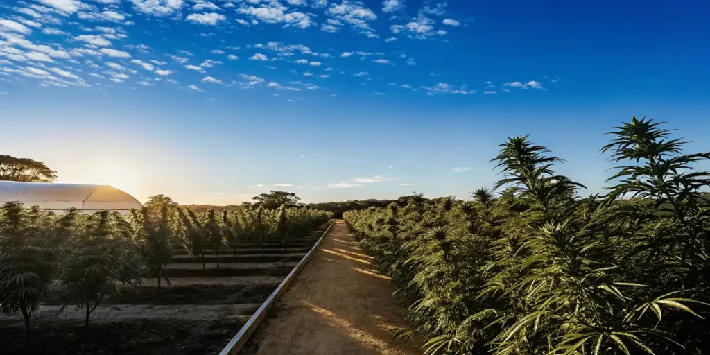Cannabis plants growing in rows along a dirt road at sunset.