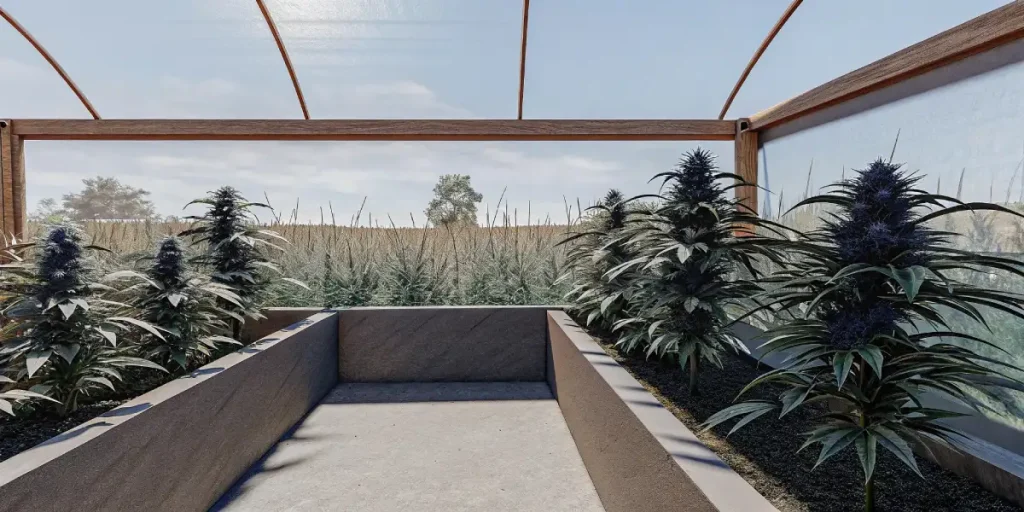 Salle de culture de cannabis en intérieur avec ventilateurs de plafond et plantes en pots