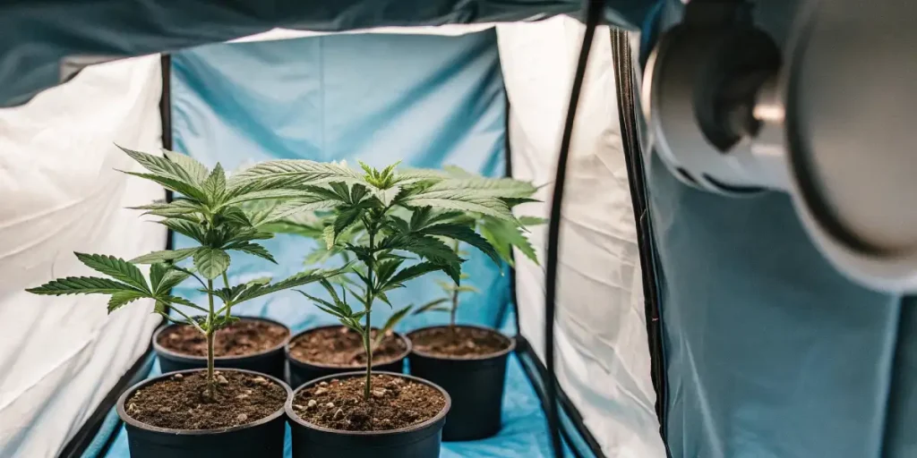 jeunes plants de cannabis dans des pots sous tente de culture avec éclairage artificiel