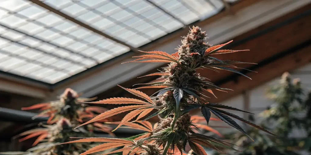 Plante de cannabis aux feuilles orangées sous une lumière de serre.