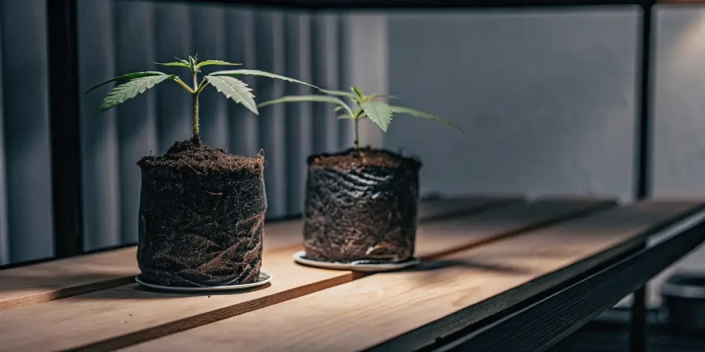 Cannabis saplings growing in fabric grow bags under indoor lighting