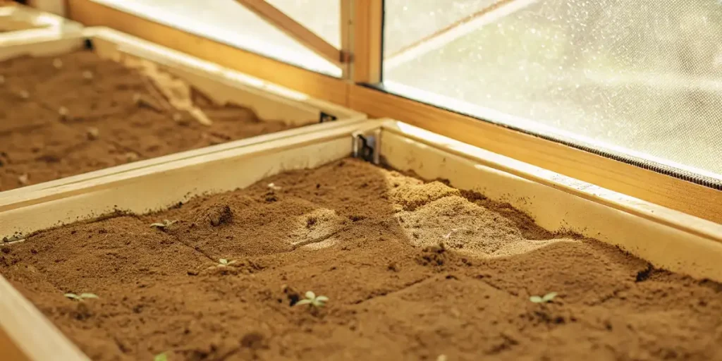 Cannabis seedlings growing in wooden planter boxes under natural light