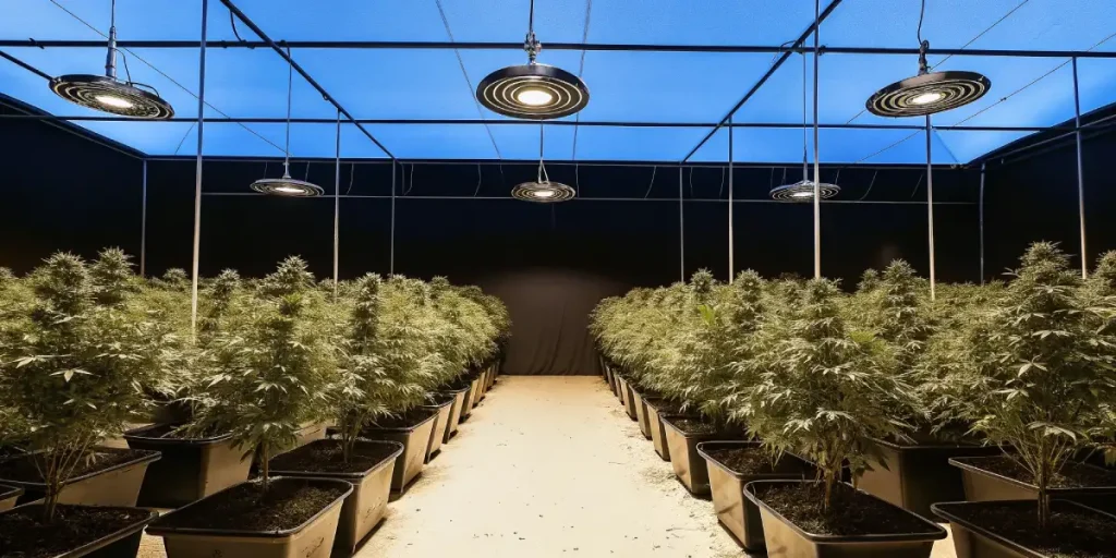 Culture de cannabis en intérieur sous lumière LED bleue dans une salle de culture moderne