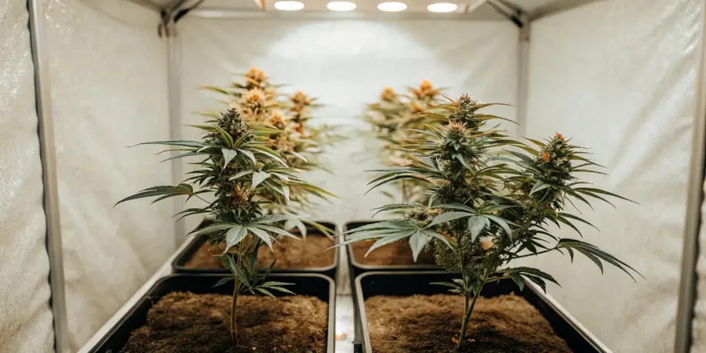 Culture de cannabis en intérieur dans une tente avec un éclairage LED professionnel.