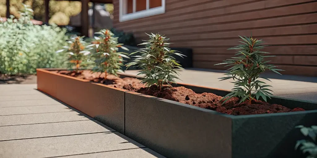 Petites plantes de cannabis cultivées dans une jardinière extérieure en bois moderne
